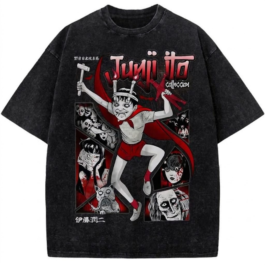 Junji Ito Horror Manga Vintage Washed T-Shirt Dark Anime Art Collection Graphic Tee