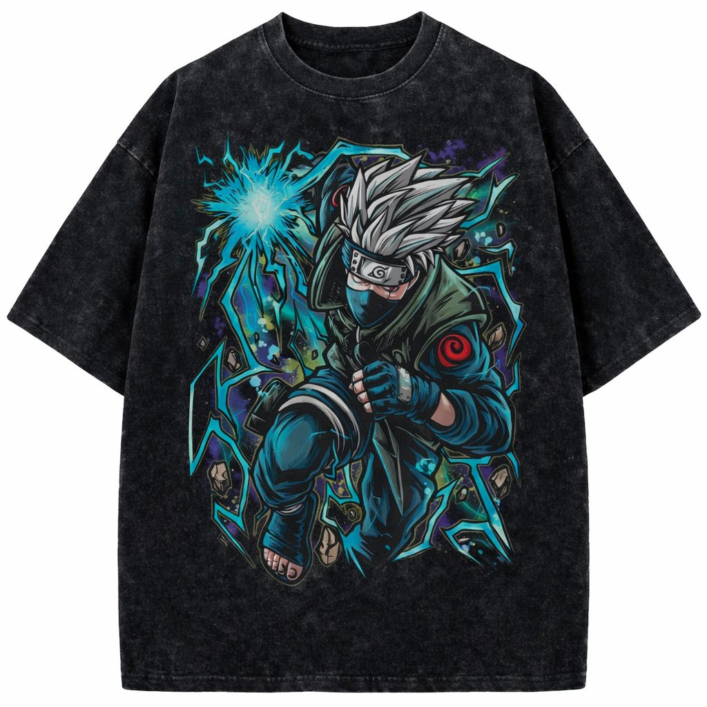 Kakashi Lightning Chidori Vintage Washed Anime Graphic Oversized T-Shirt