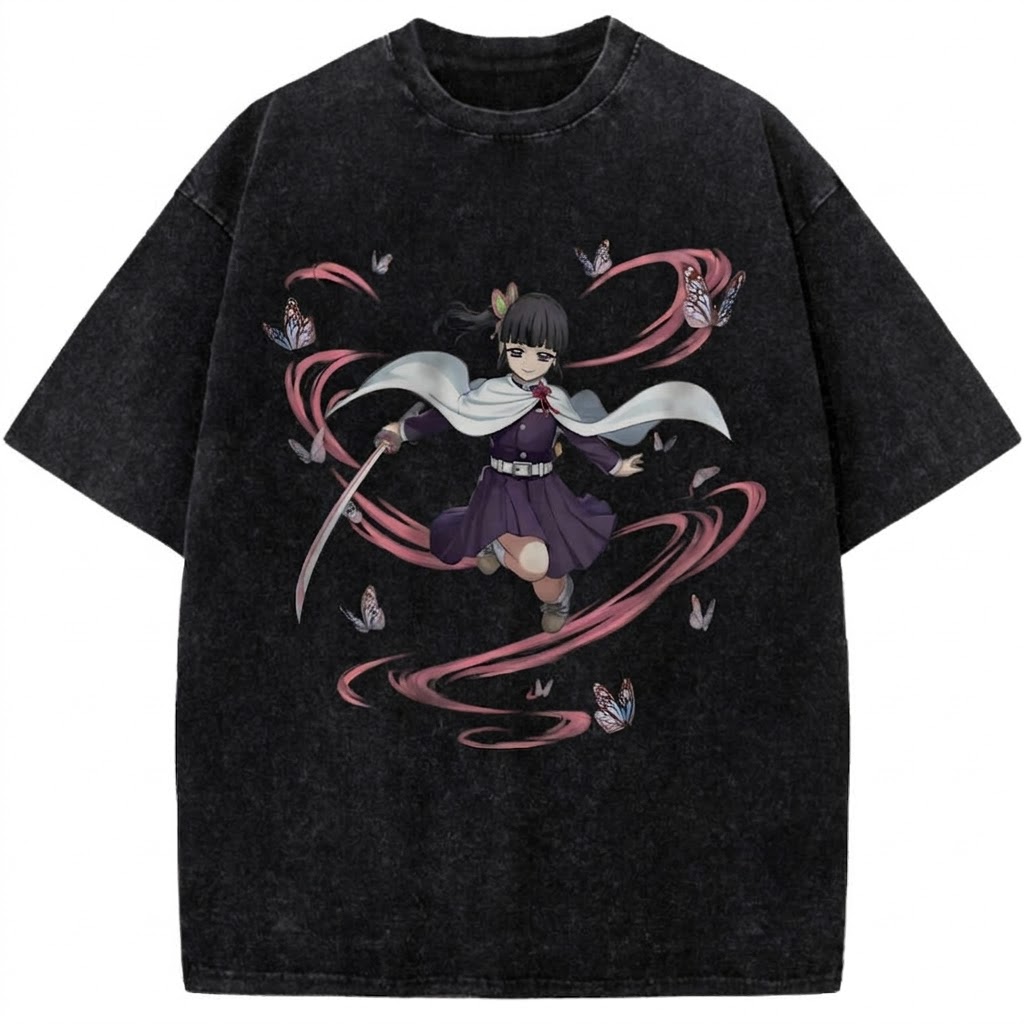 Kanao Tsuyuri Butterfly Dance Vintage Washed Anime Tee Demon Slayer Insect Breathing Graphic Streetwear T-Shirt