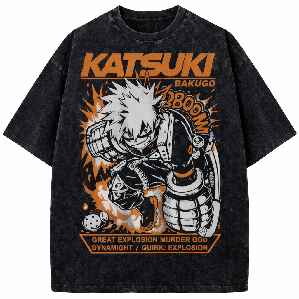 Katsuki Bakugo Explosion Vintage Washed Anime Streetwear T-Shirt