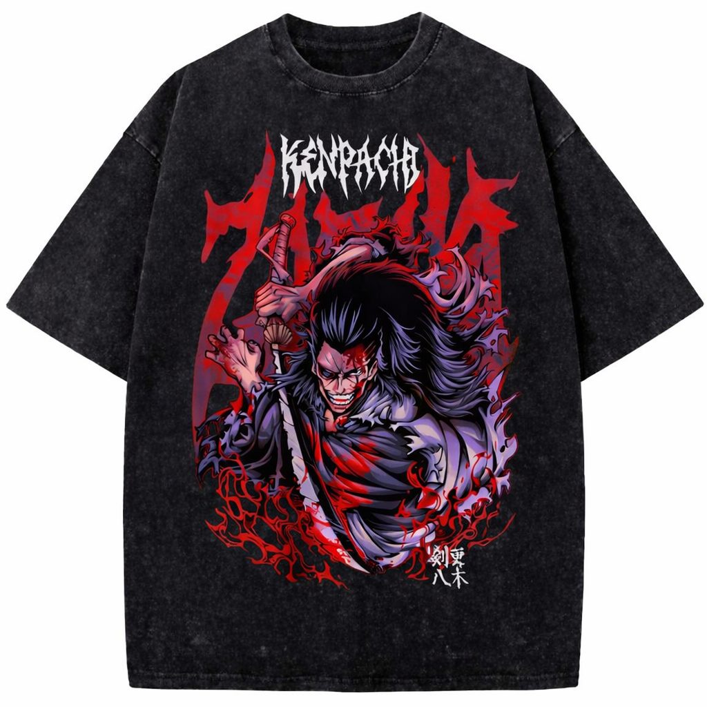 Kenpachi Bleach Vintage Washed Anime Graphic Oversized T-Shirt