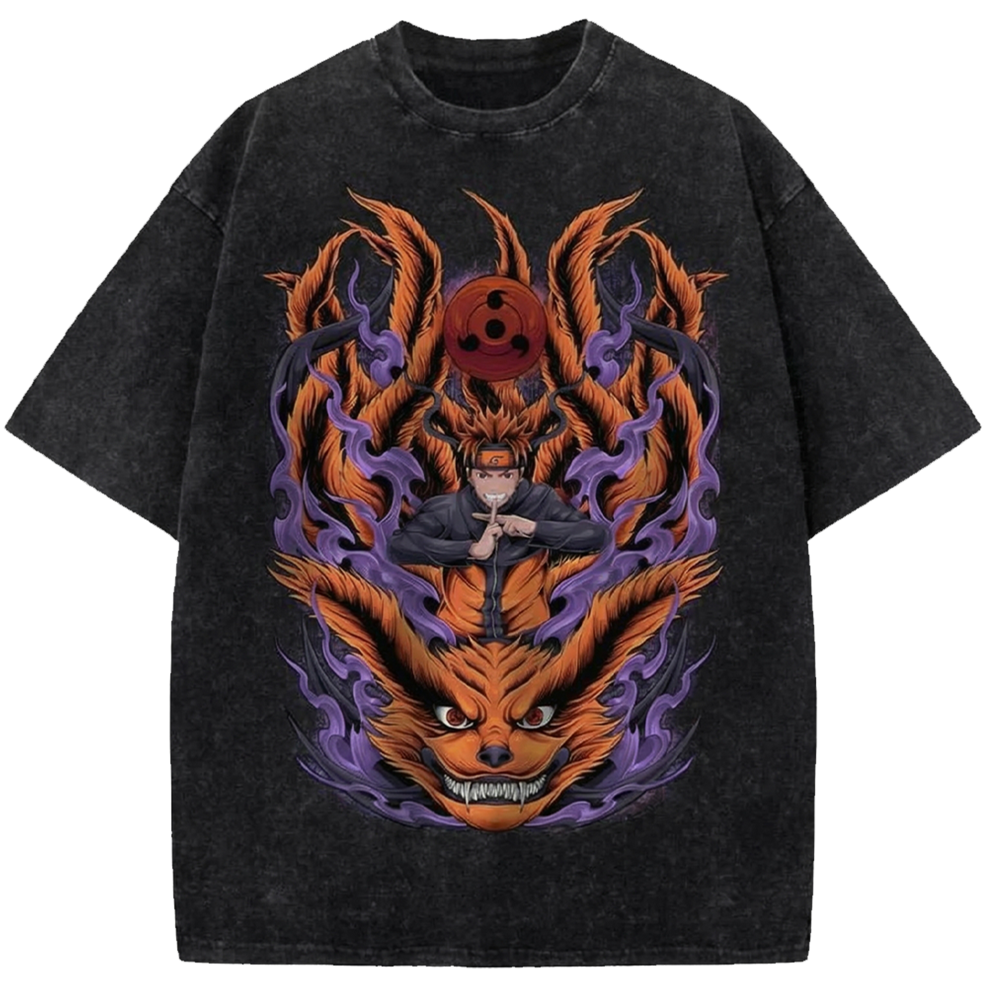 Kurama vs Naruto Uzumaki Oversized Washed T-Shirt – Vintage Anime Graphic Shirt, Retro Manga Streetwear Tee for Anime Lovers