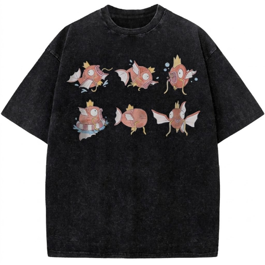 Magikarp Evolution Meme Vintage Washed Tee Funny Pokémon Anime Graphic Streetwear T-Shirt
