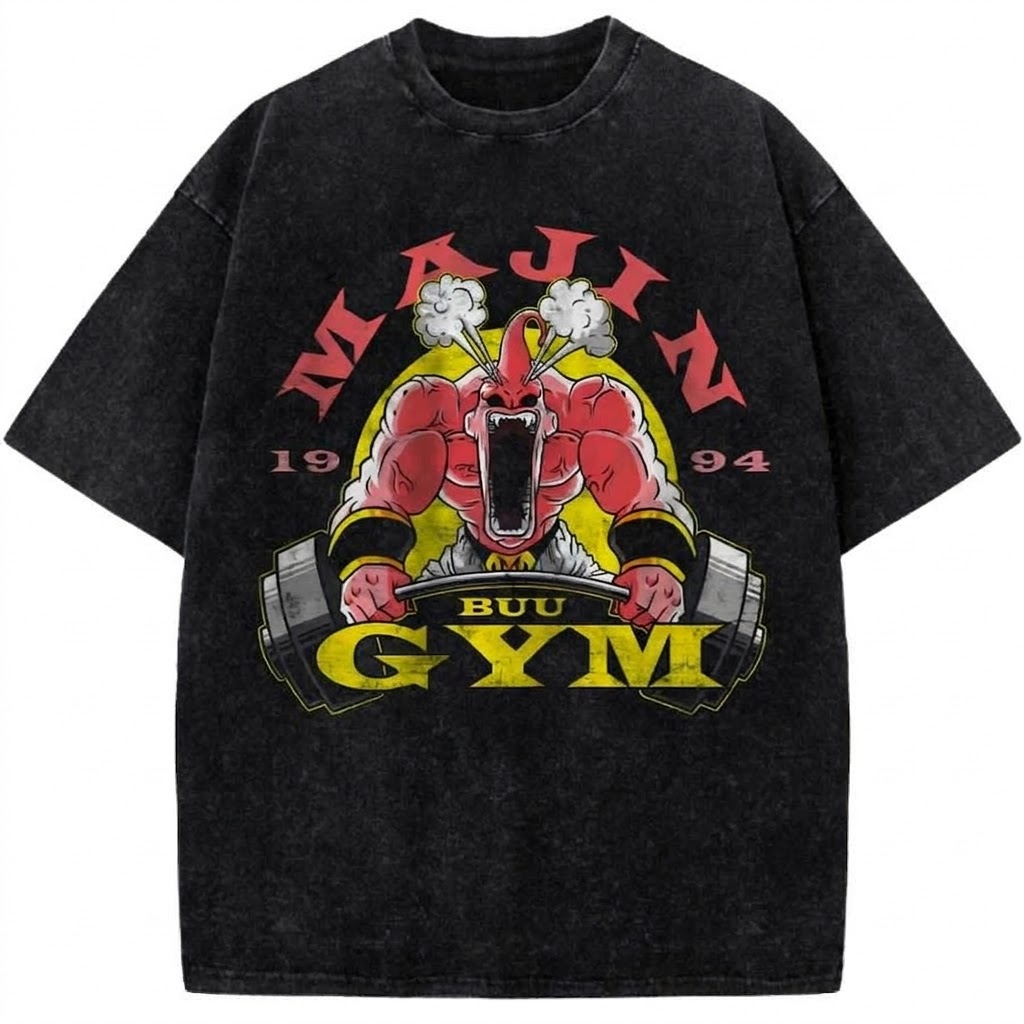 Majin Buu Gym 1994 Vintage Washed Anime Tee Funny Muscle Anime Training Graphic T-Shirt