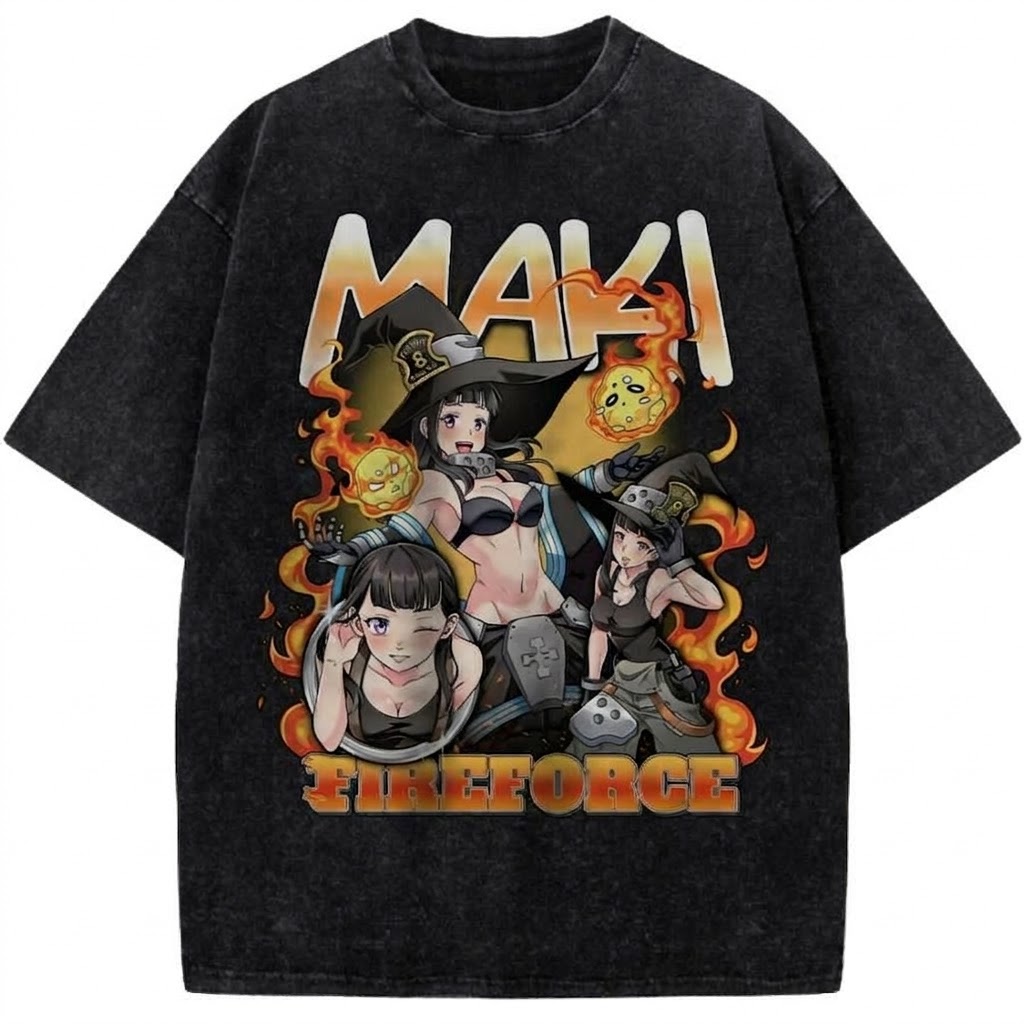 Maki Oze Fire Force Vintage Washed Anime Tee Flame Witch Brigade Graphic Streetwear T-Shirt