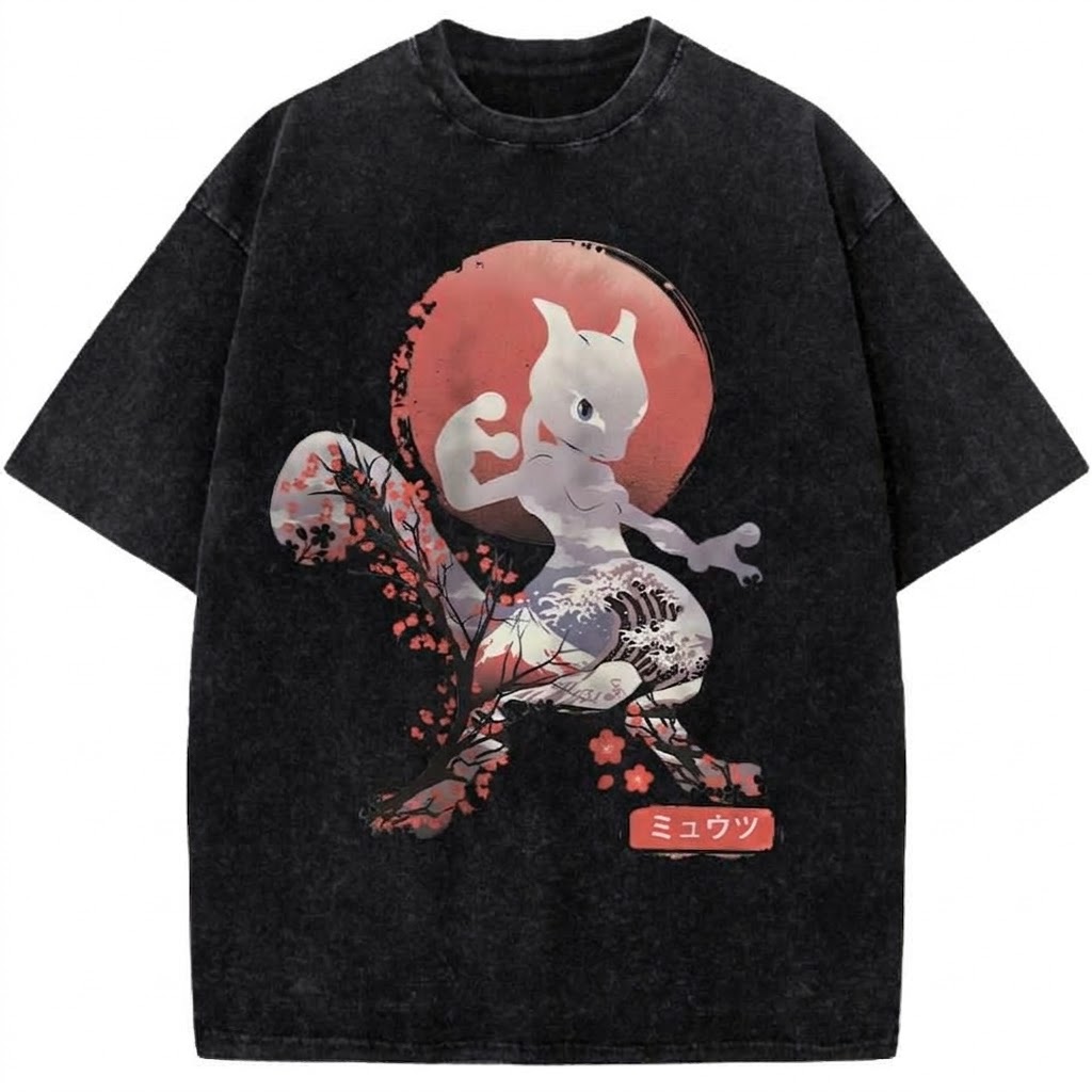 Mewtwo Pokémon Japanese Vintage Washed T-Shirt Sakura Ukiyo-e Style Anime Graphic Tee