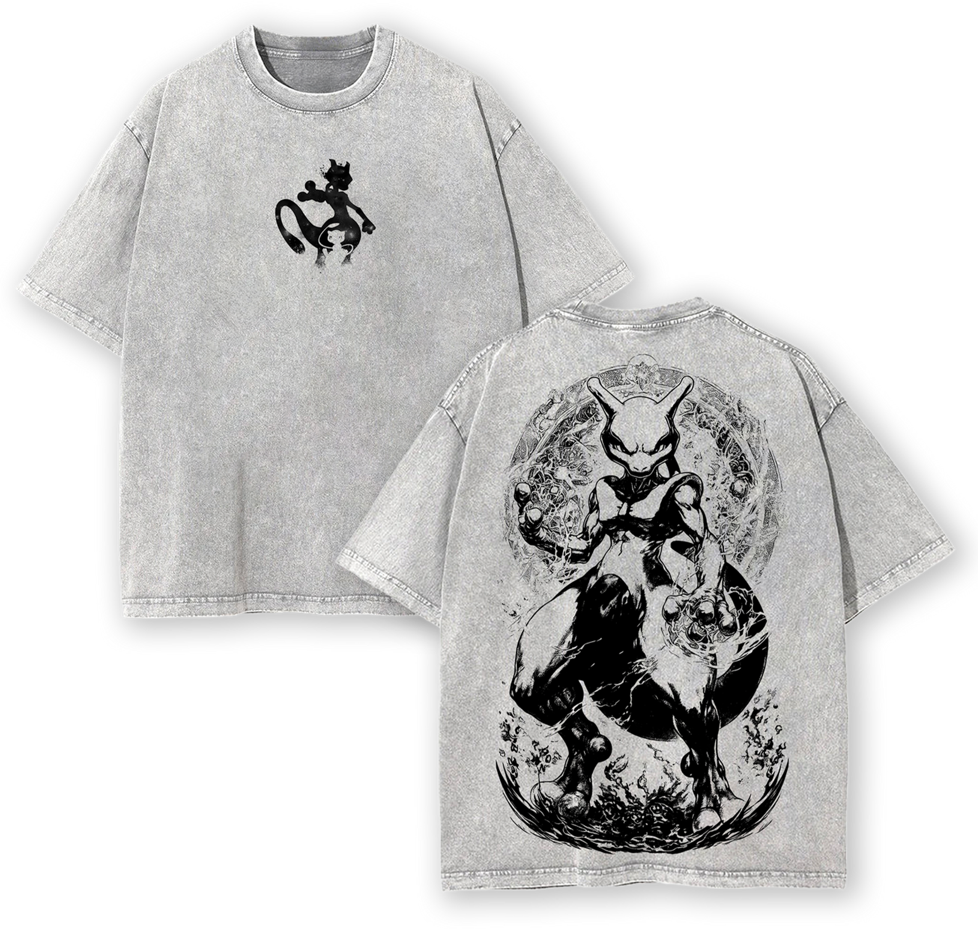 Mewtwo Pokemon Anime Vintage Washed Tee Manga Streetwear Oversized Shirt