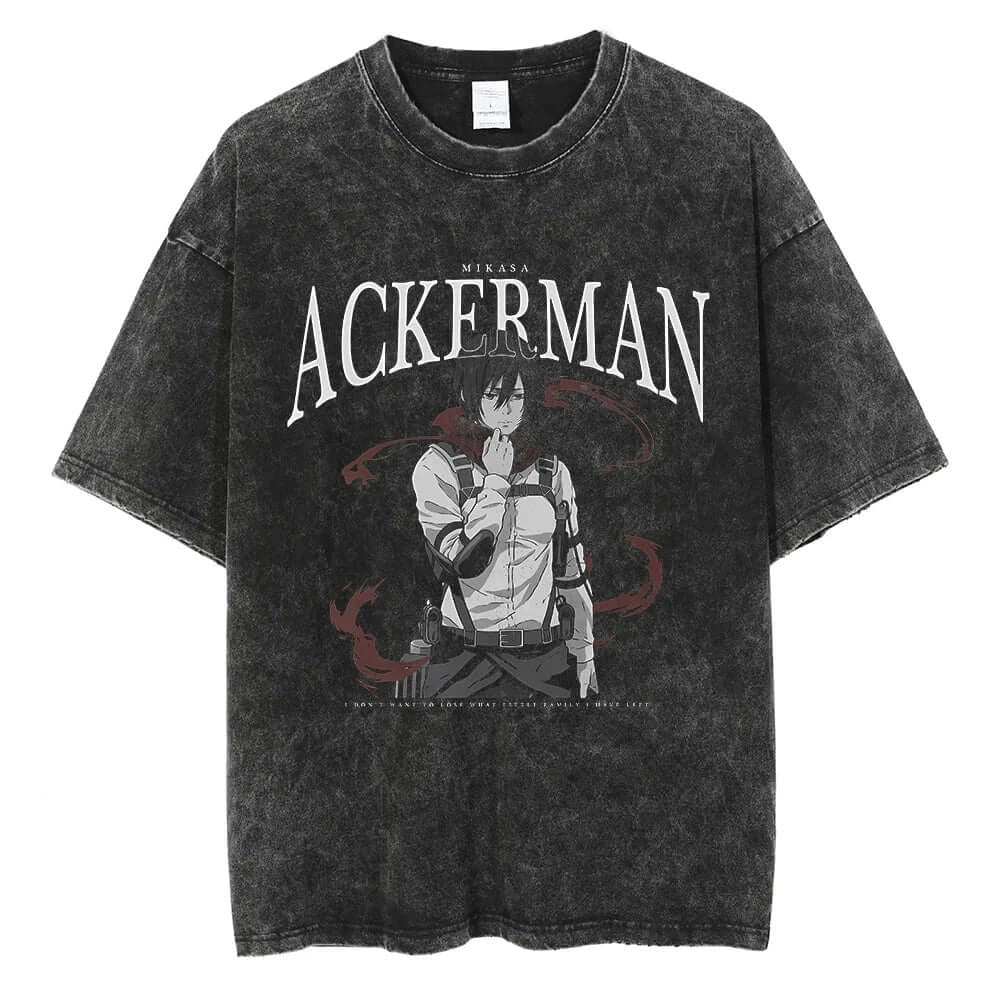 Mikasa Ackerman Attack On Titan Vintage Washed Anime Graphic Tee AOT Manga Streetwear T-Shirt