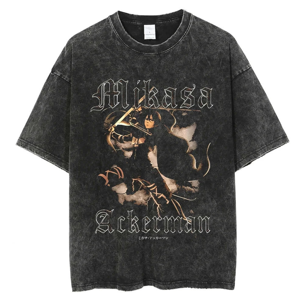 Mikasa Ackerman Attack On Titan Vintage Washed Anime Graphic Tee Dark AOT Manga Streetwear T-Shirt