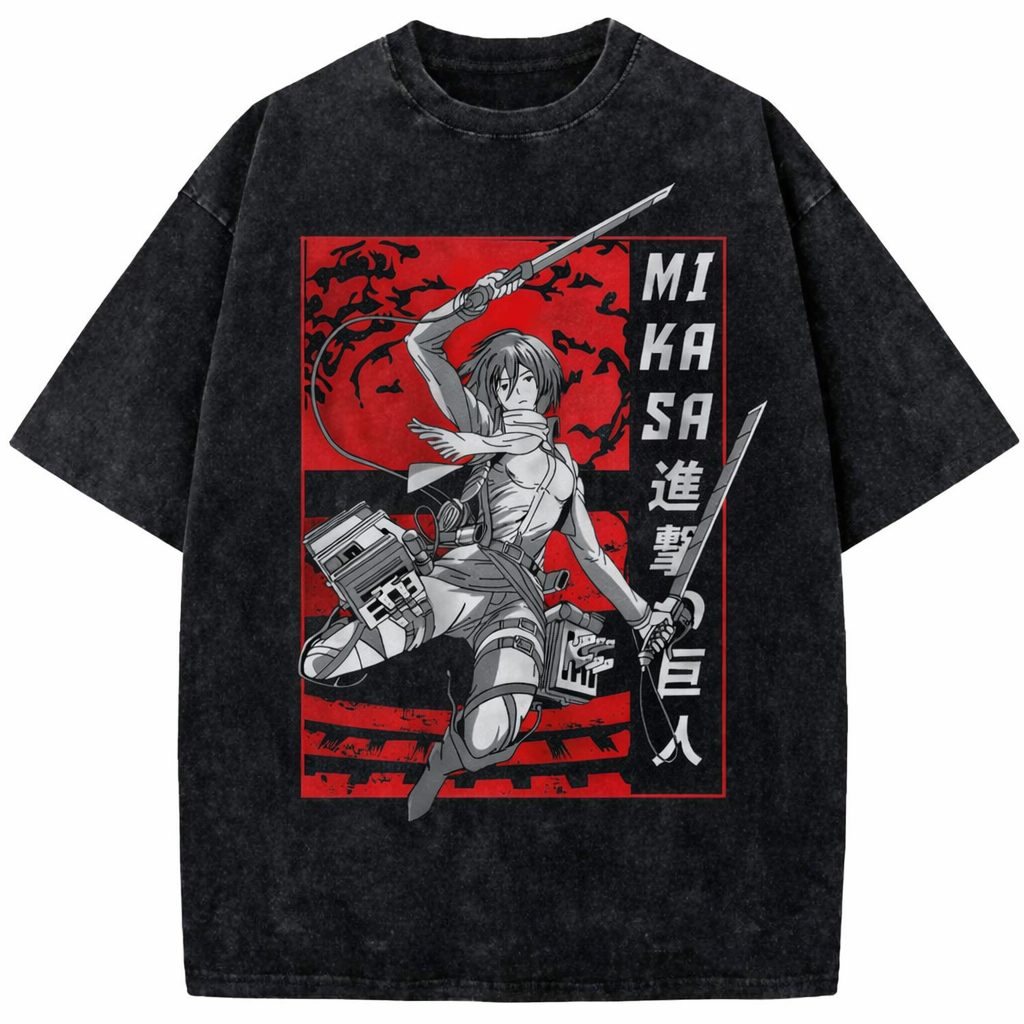 Mikasa Ackerman Attack On Titan Vintage Washed Anime Streetwear T-Shirt