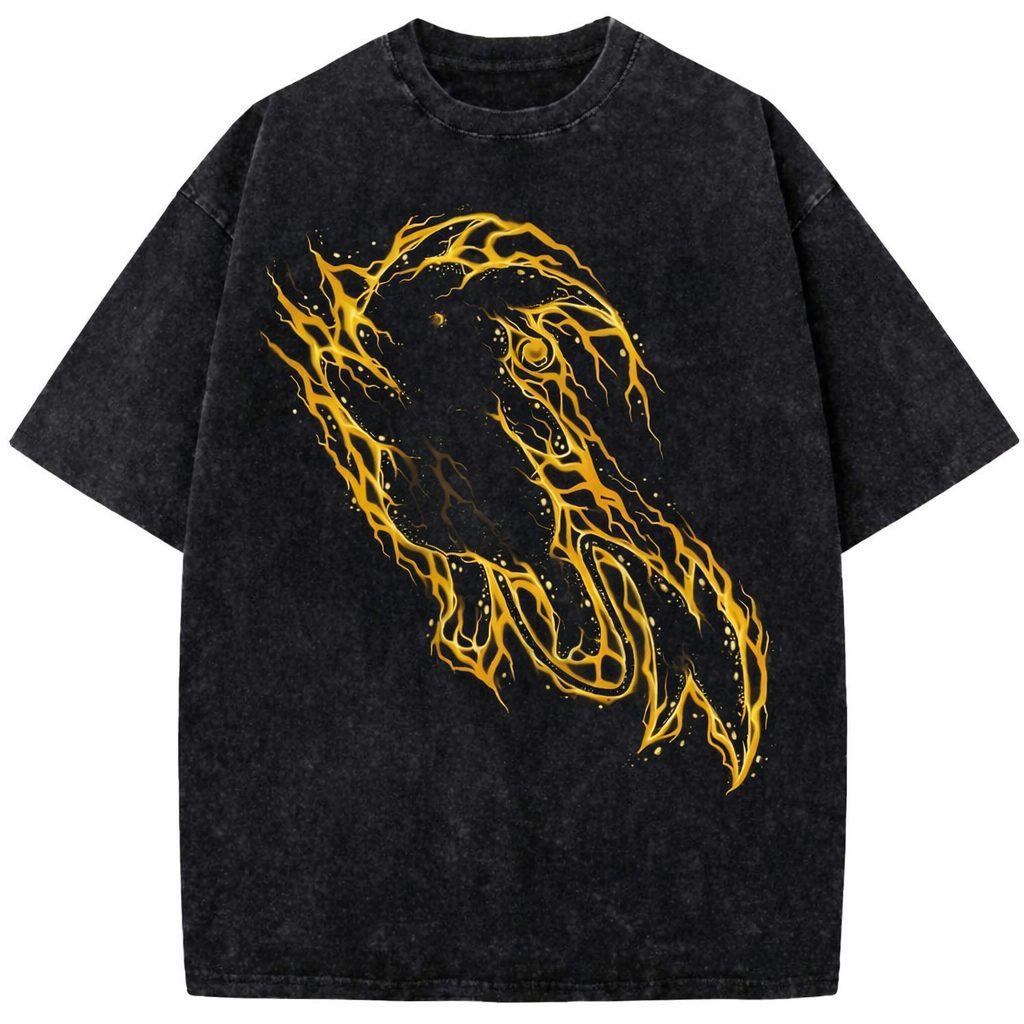 Minimal Lightning Symbol Vintage Washed Anime Graphic Oversized T-Shirt