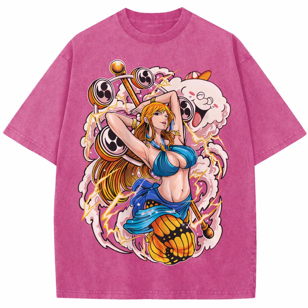 Nami Zeus Thunder One Piece Vintage Washed Anime Streetwear T-Shirt