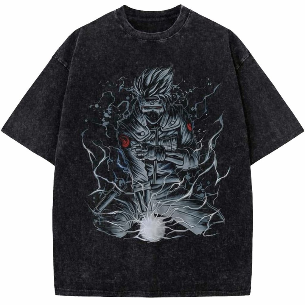 Naruto Kakashi Chidori Lightning Vintage Washed Anime Graphic Tee