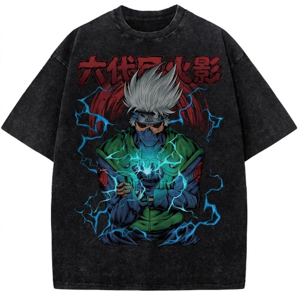 Naruto Kakashi Hatake Lightning Chidori Anime Vintage Washed T-Shirt Retro Ninja Anime Graphic Tee