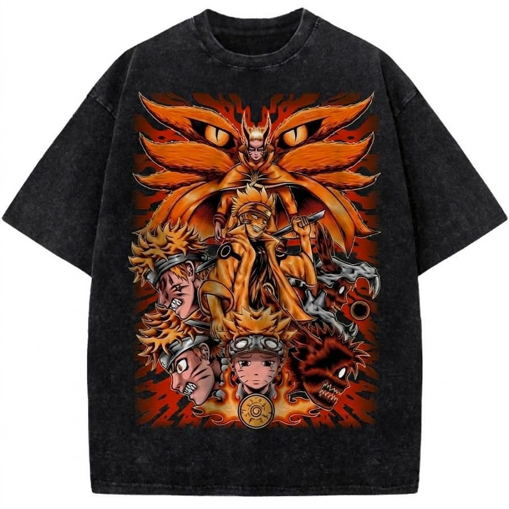Naruto Uzumaki & Kurama Nine Tails Anime Vintage Washed T-Shirt Retro Ninja Anime Graphic Tee