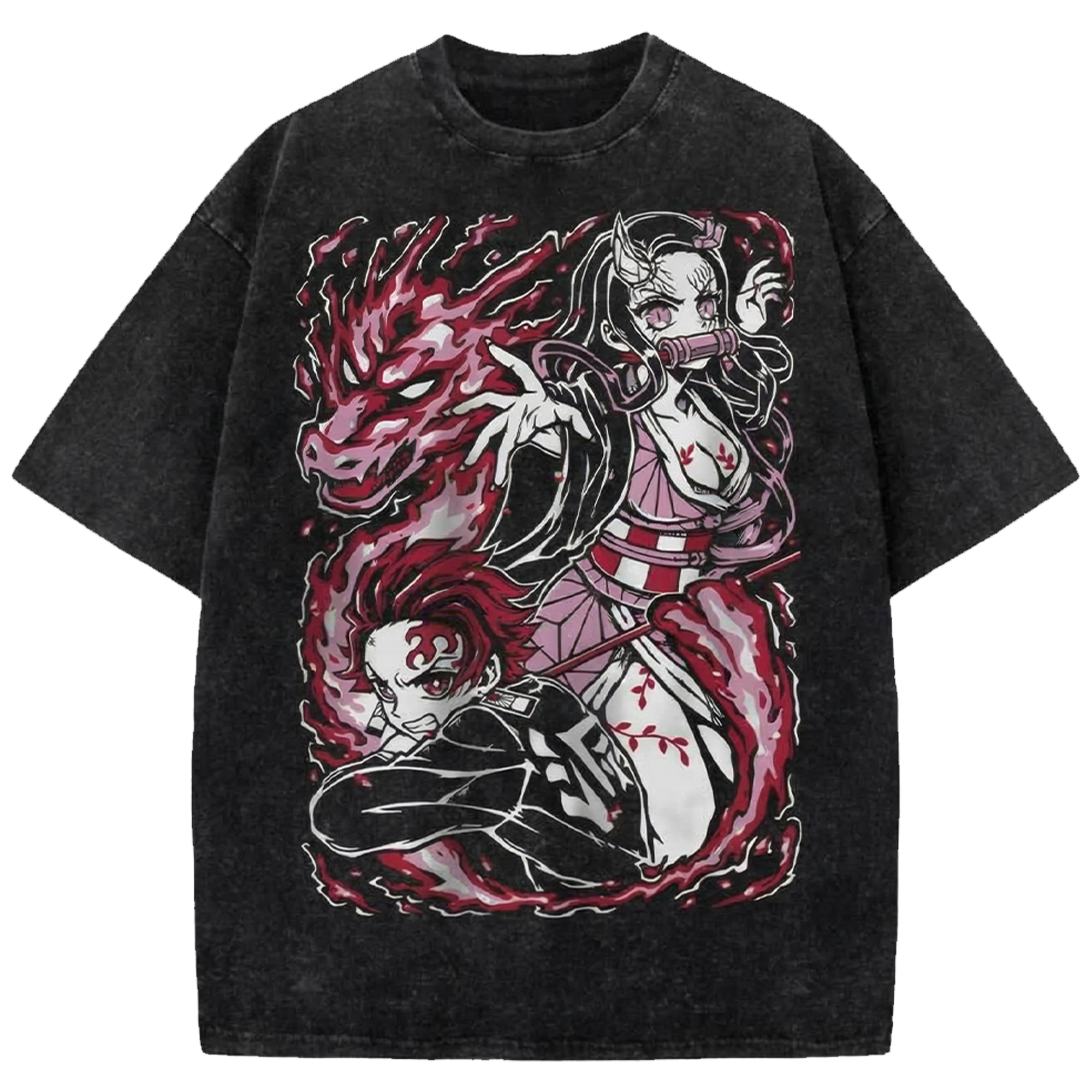 Nezuko and Tanjiro Kamado Anime Vintage Washed T-Shirt, Demon Slayer Manga Streetwear Tee Anime Oversized Shirt