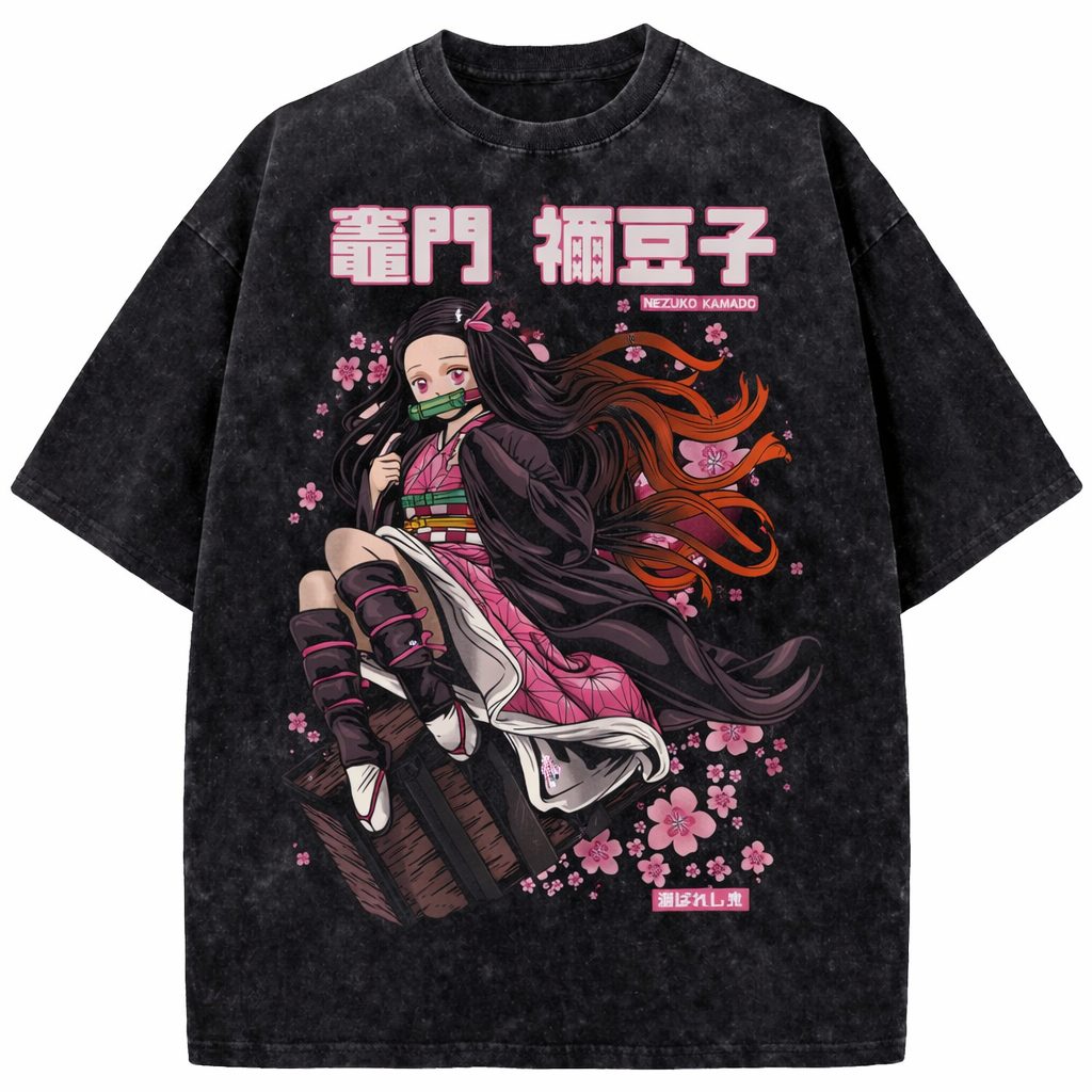 Nezuko Kamado Demon Slayer Vintage Washed Anime Streetwear T-Shirt