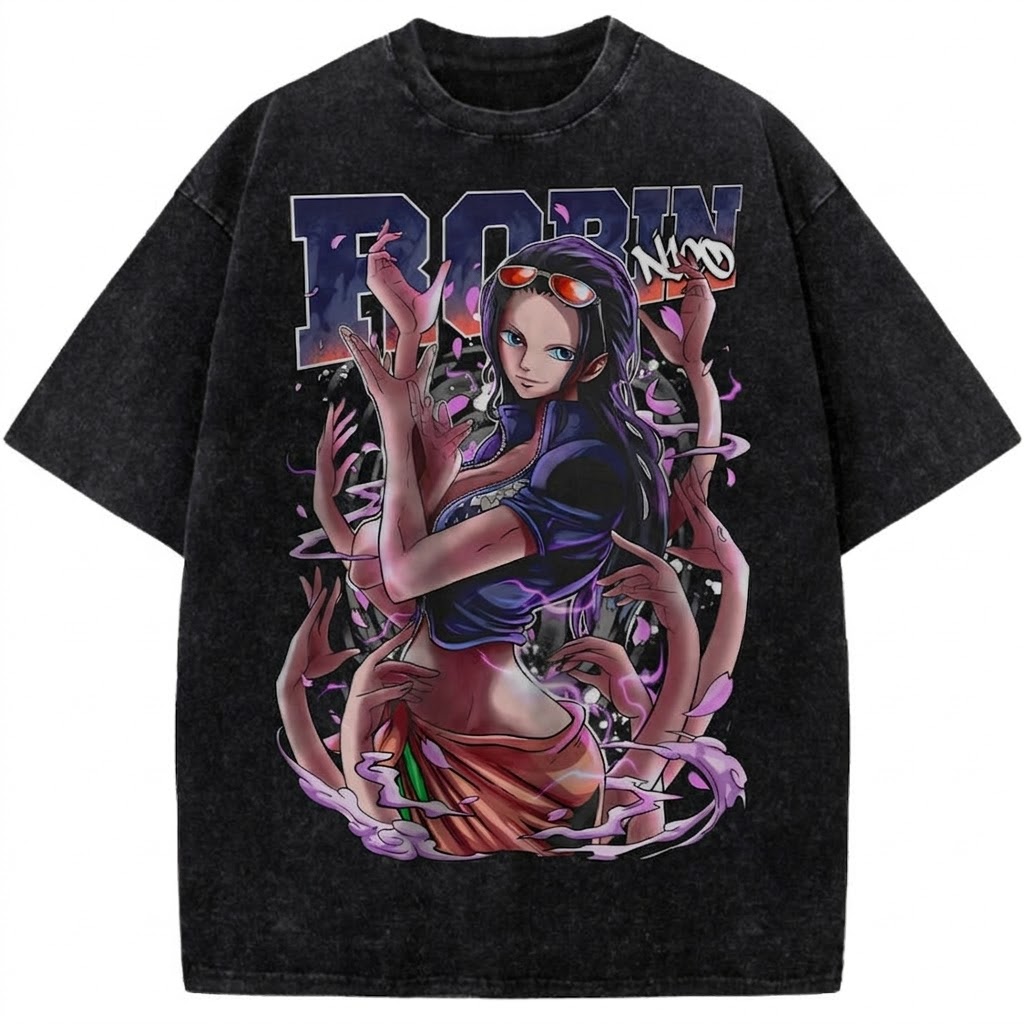 Nico Robin Anime Vintage Washed Tee One Piece Devil Child Graphic Streetwear T-Shirt