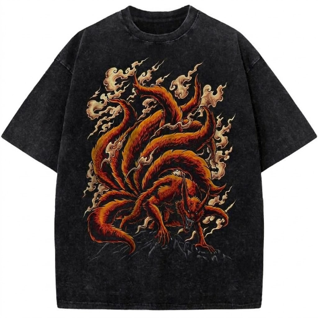 Nine Tailed Fox Anime Vintage Washed Tee Mythical Fire Yokai Graphic T-Shirt