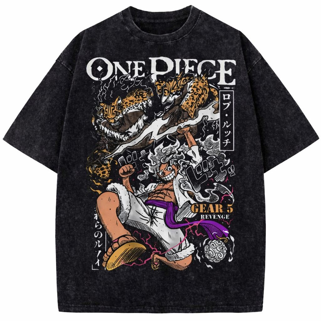 One Piece Luffy Gear 5 Vintage Washed Anime Graphic Oversized T-Shirt