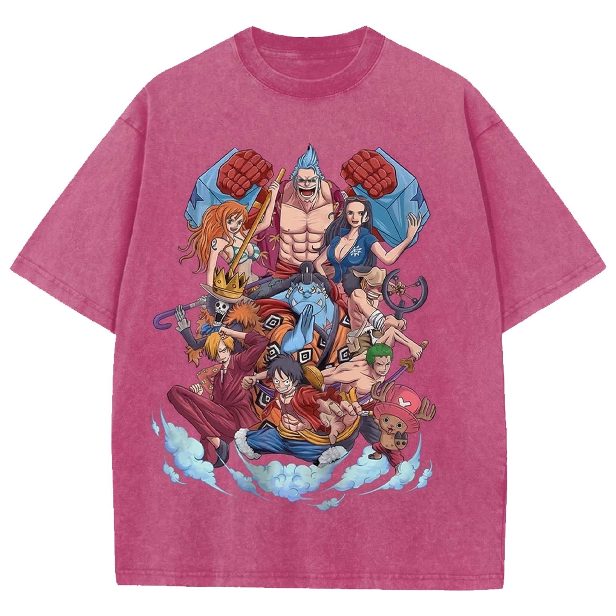 One Piece Team Anime Oversized Washed T-Shirt, Manga Streetwear Shirt Japanese Vintage Distressed Tee
