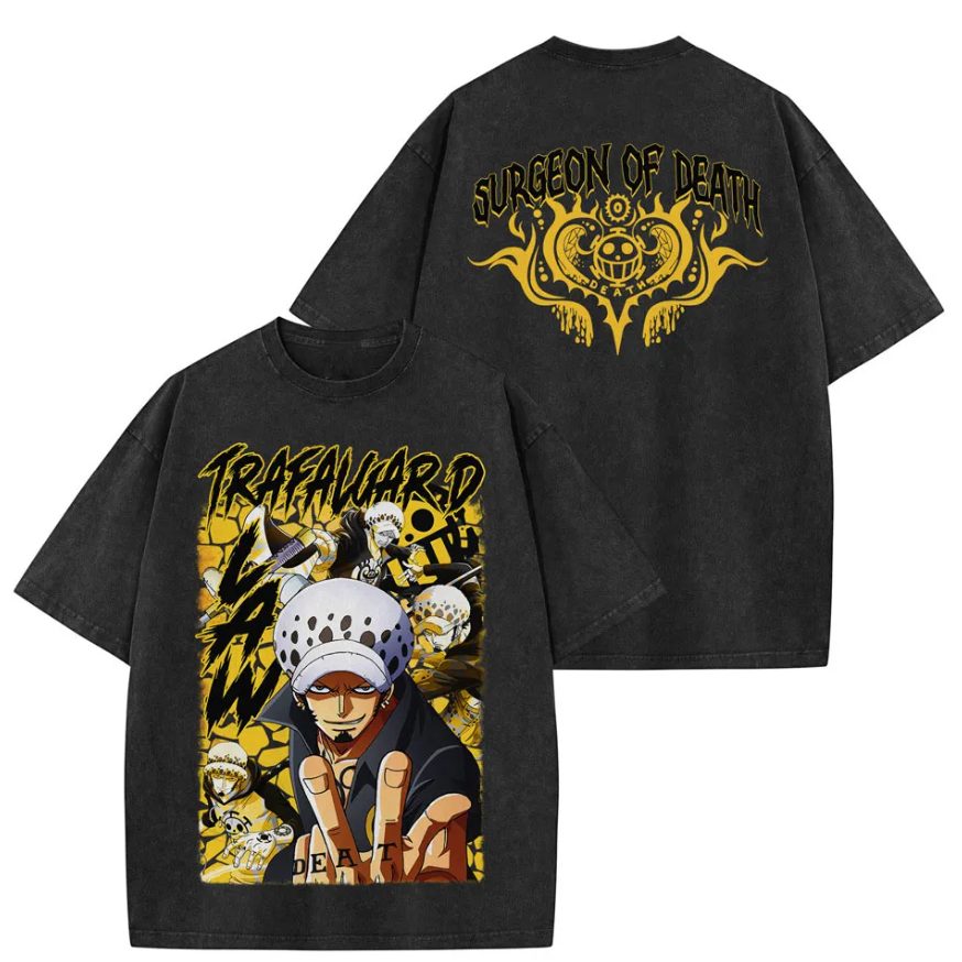 One Piece Trafalgar Law Surgeon of Death Heart Pirates Captain Anime Character Graphic Vintage Anime Washed T-Shirt Harajuku Streetwear