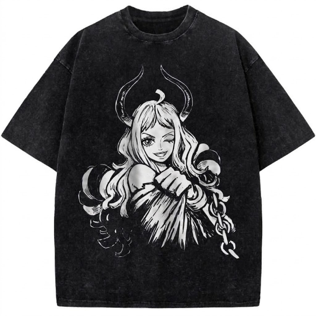 One Piece Yamato Oni Princess Anime Vintage Washed T-Shirt Retro Wano Arc Graphic Tee