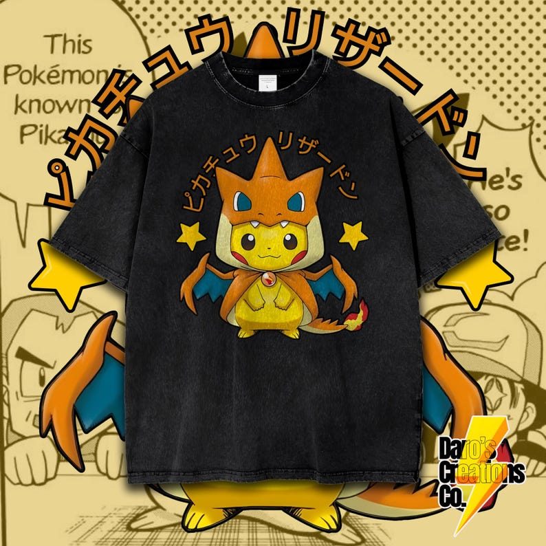 Pikachu Charizard Poncho Pokemon Anime Character Vintage Washed T-Shirt Retro Anime Graphic Tee