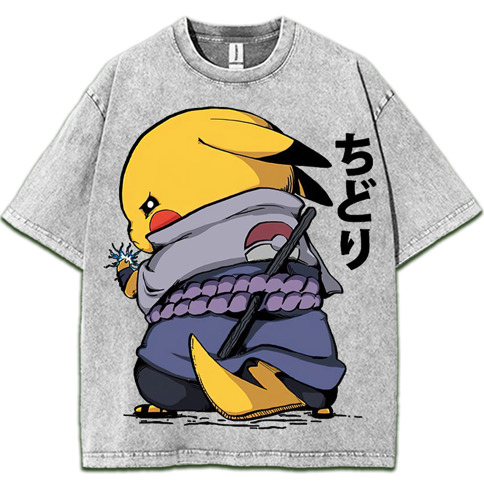 Pikachu Ninja Pokemon Vintage Washed T-Shirt – Retro Anime Graphic Tee, Japanese Manga Streetwear Oversized Shirt for Pokemon Fans