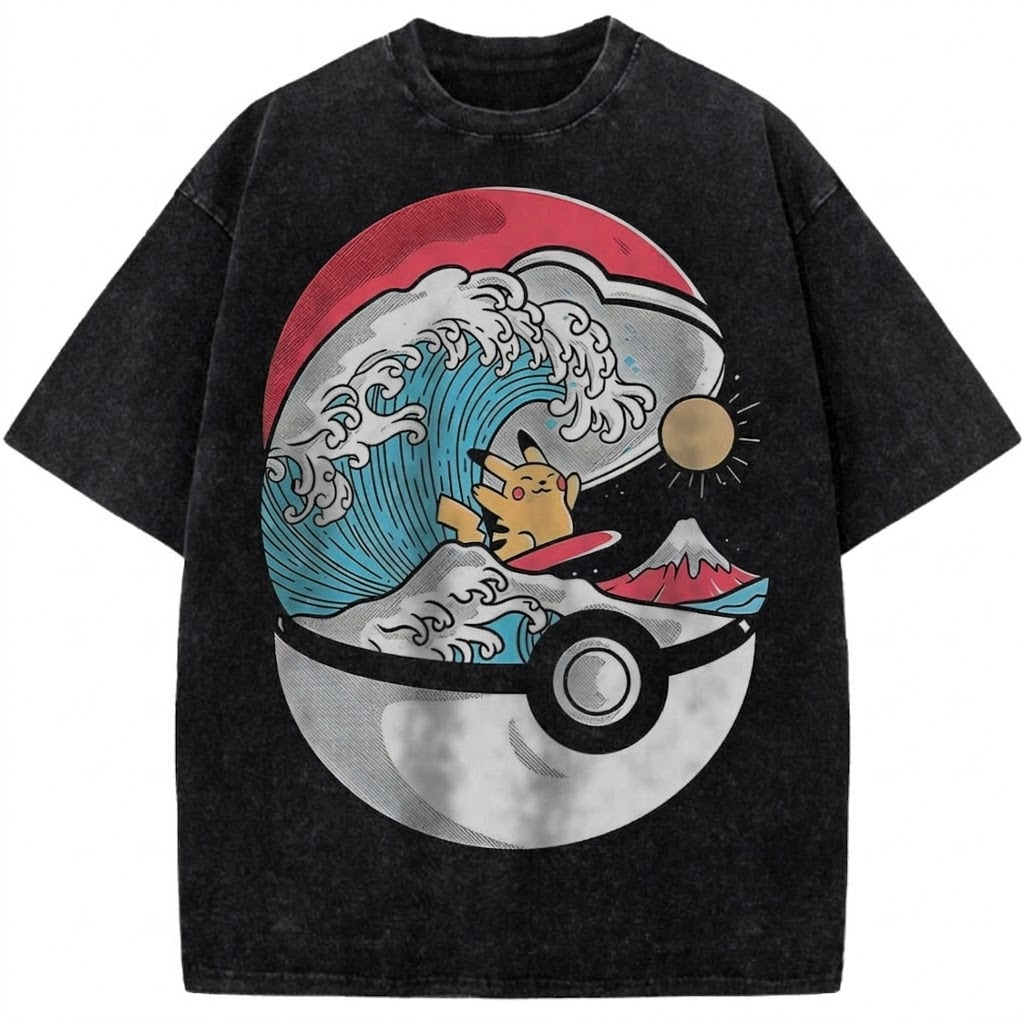 Pikachu Pokéball Wave Vintage Washed Anime Tee Japanese Great Wave Surfing Graphic Streetwear T-Shirt