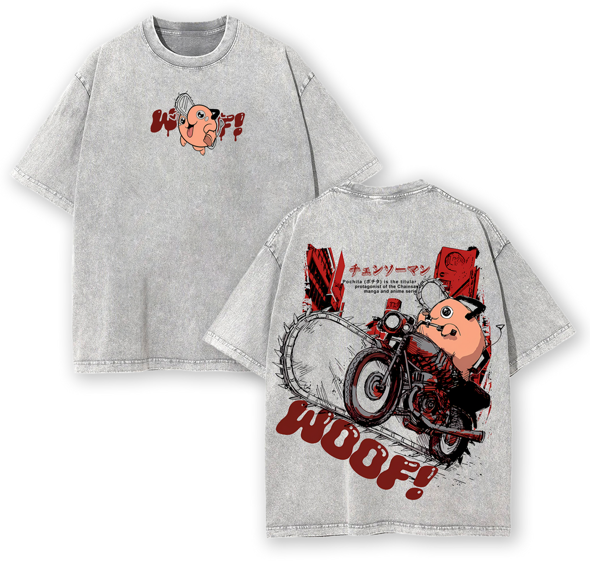 Pochita Chainsaw Man Anime Vintage Washed Tee WOOF Cute Dog Manga Streetwear Oversized Shirt