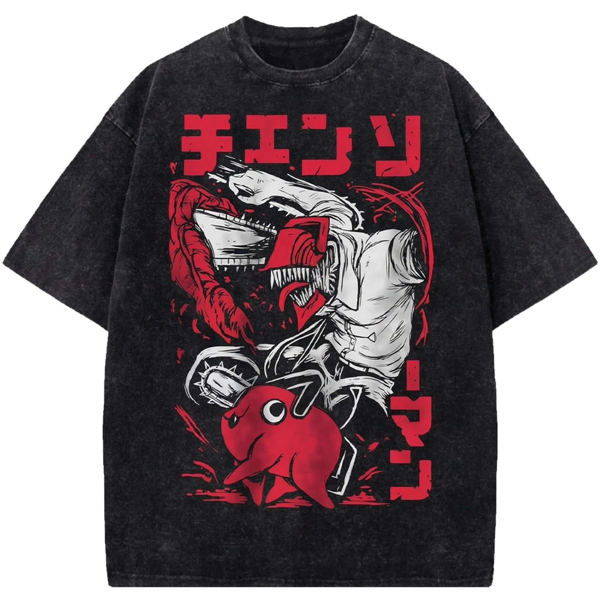 Pochita vs Denji Anime Oversized Washed Tee, Chainsaw Man Vintage Distressed Shirt Japanese Manga Streetwear T-Shirt