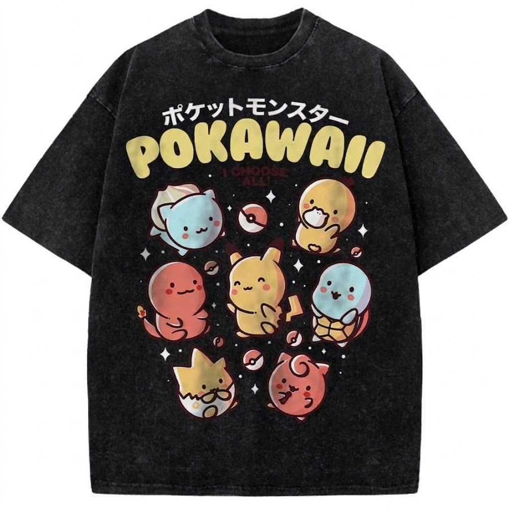 Pokawai Kawaii Monster Anime Vintage Washed Tee Cute Chibi Creature Graphic T-Shirt