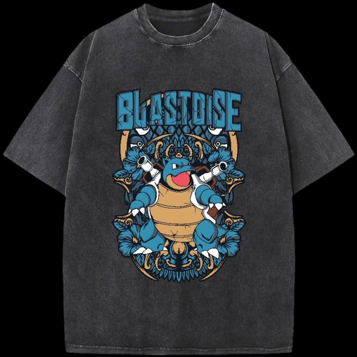 Pokemon Blastoise Water Blast Anime Vintage Washed T-Shirt Japanese Anime Manga Graphic Tee Oversized