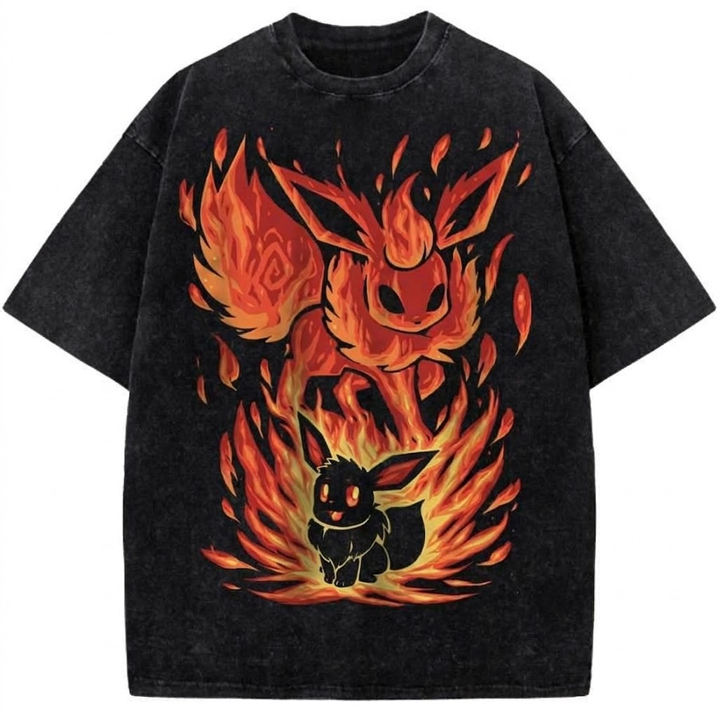 Pokemon Flareon & Eevee Fire Evolution Anime Vintage Washed T-Shirt Retro Pokemon Graphic Tee