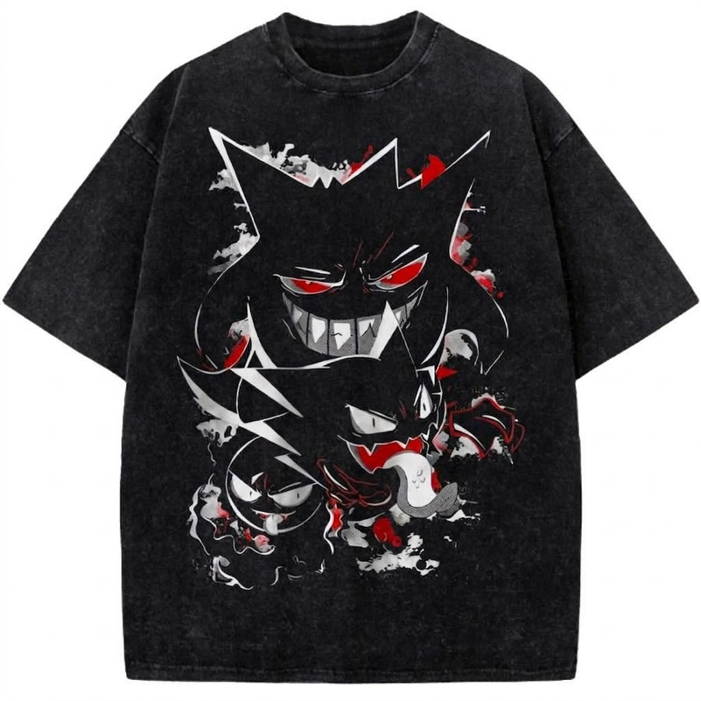 Pokemon Gengar Evolution Anime Vintage Washed T-Shirt Dark Ghost Pokemon Retro Graphic Tee