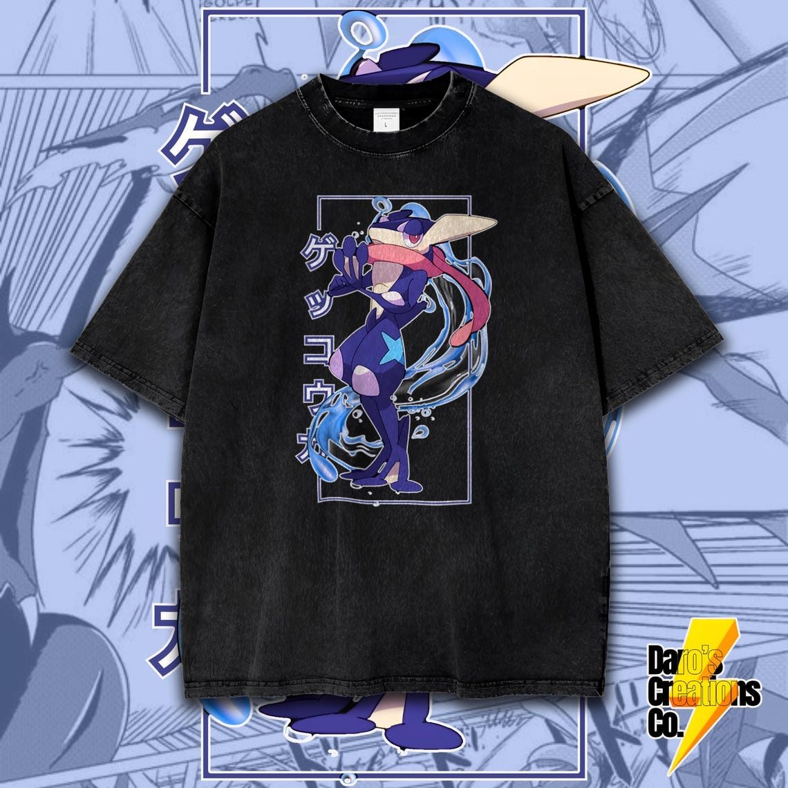 Pokemon Greninja Anime Character Vintage Washed T-Shirt Japanese Anime Manga Graphic Tee Oversized