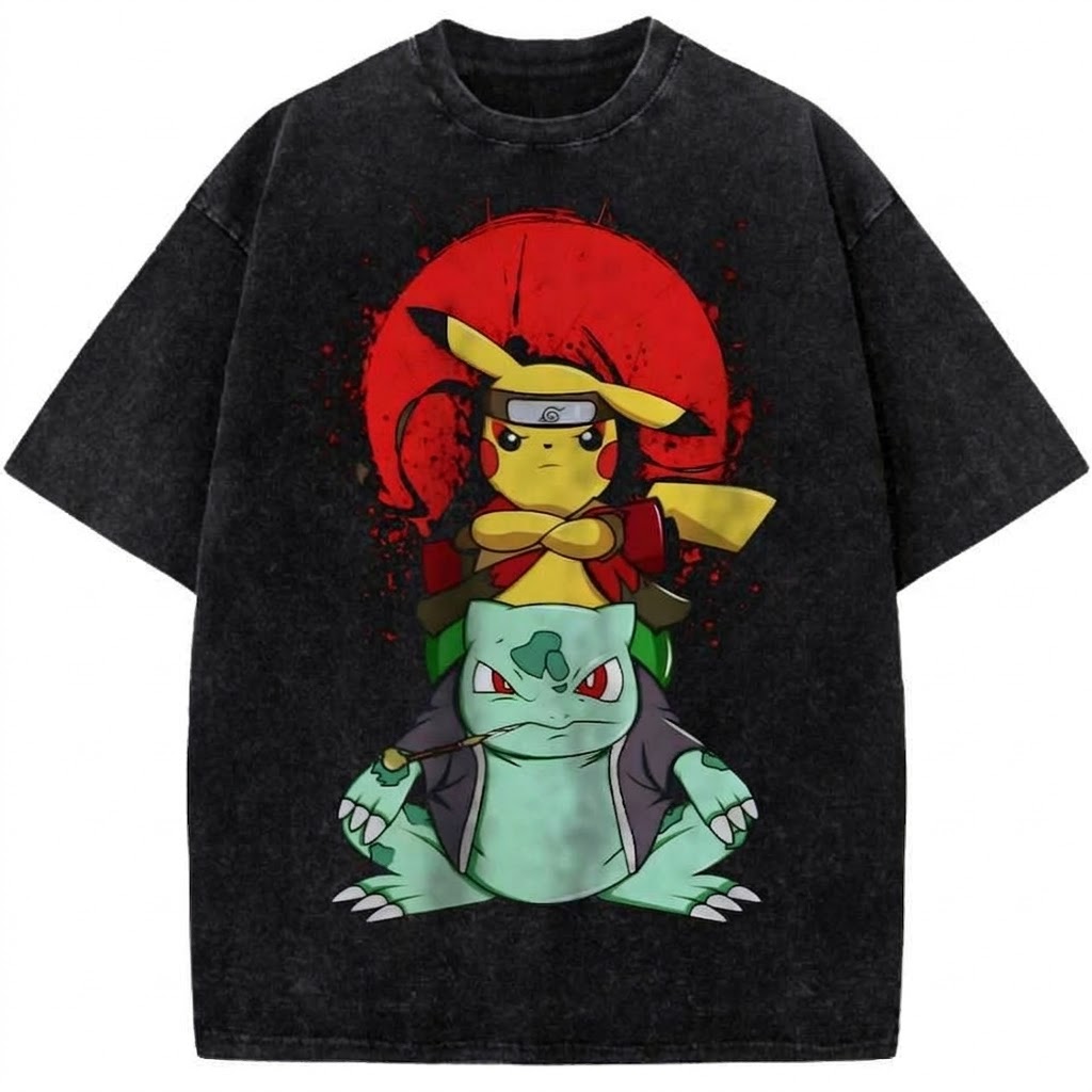 Pokemon Pikachu & Bulbasaur Ninja Style Anime Vintage Washed T-Shirt Retro Pokemon Graphic Tee