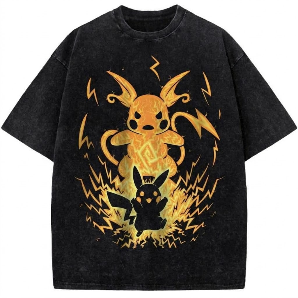 Pokemon Pikachu & Raichu Electric Evolution Anime Vintage Washed T-Shirt Retro Pokemon Graphic Tee