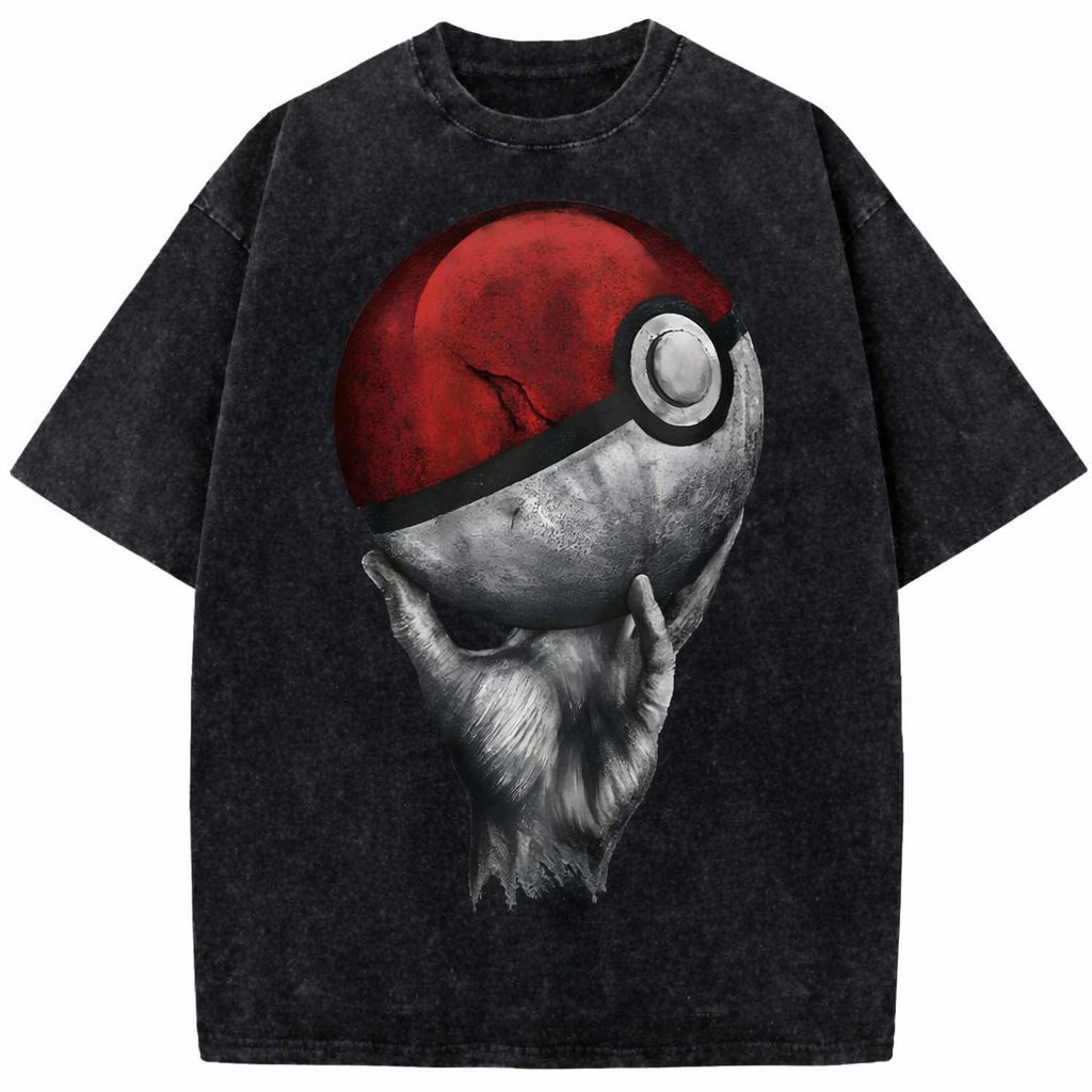 Pokemon Pokeball Dark Vintage Washed Anime Graphic Oversized T-Shirt