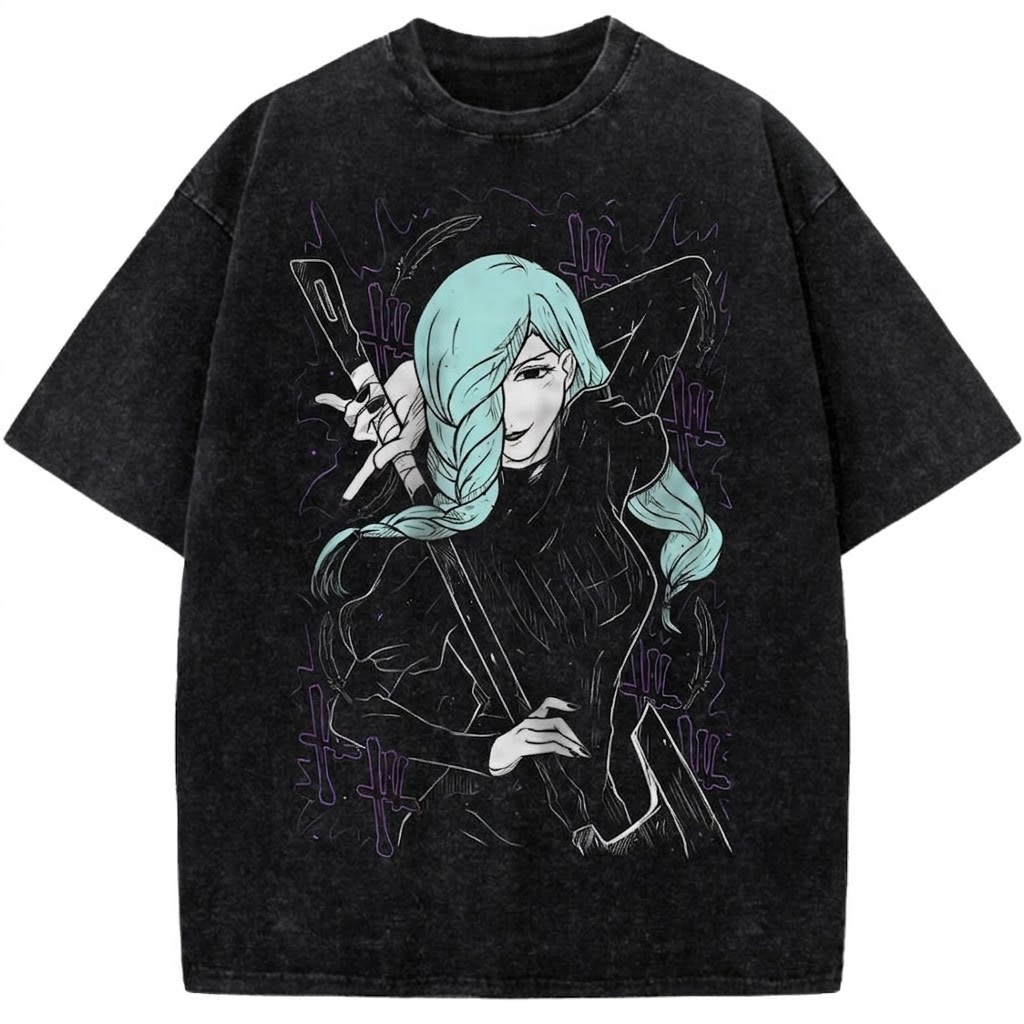 Quanxi Chainsaw Man Vintage Washed Anime Tee Crossbow Devil Hunter Graphic Streetwear T-Shirt