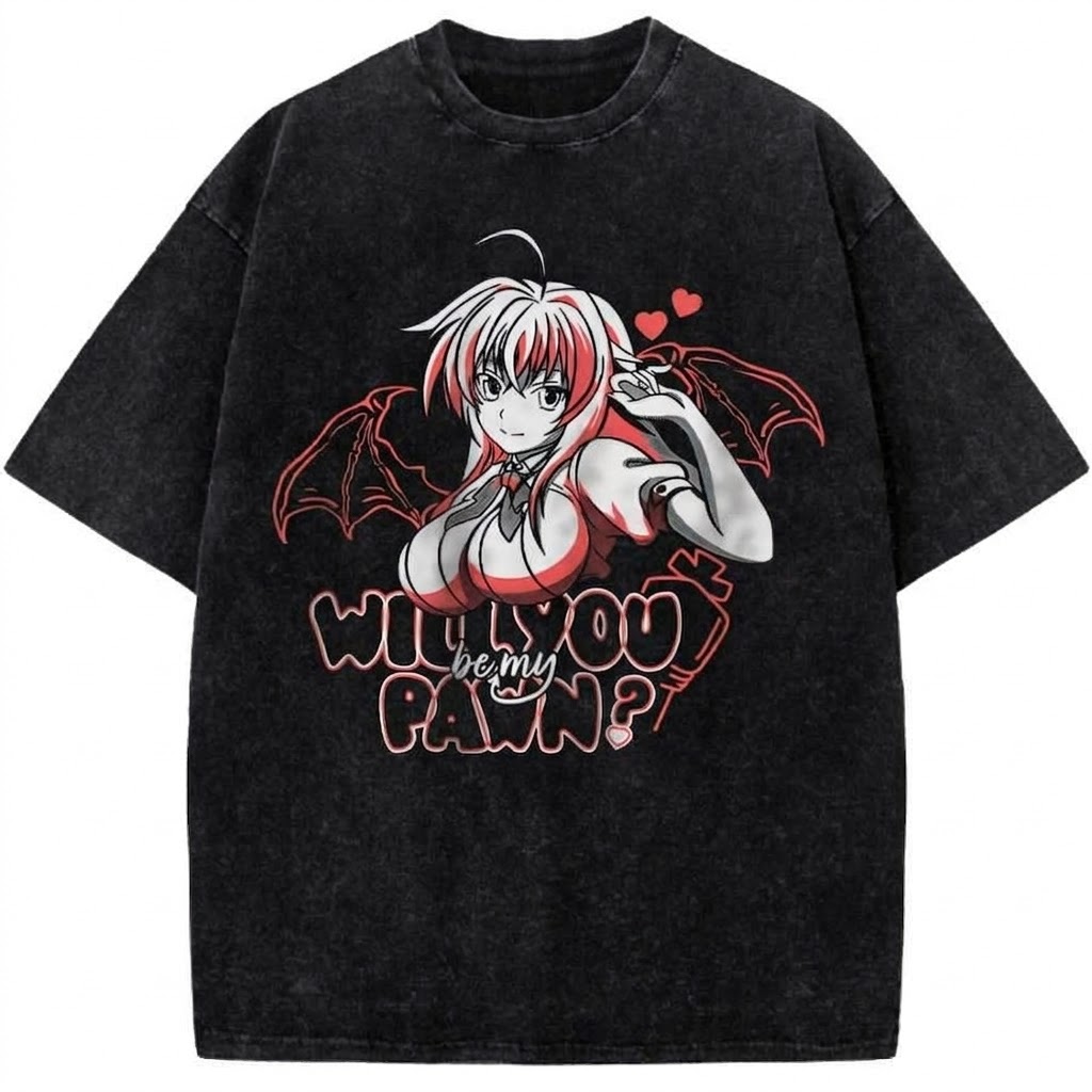 Rias Gremory High School DxD Anime Vintage Washed T-Shirt “Will You Be My Pawn” Cute Devil Graphic Tee