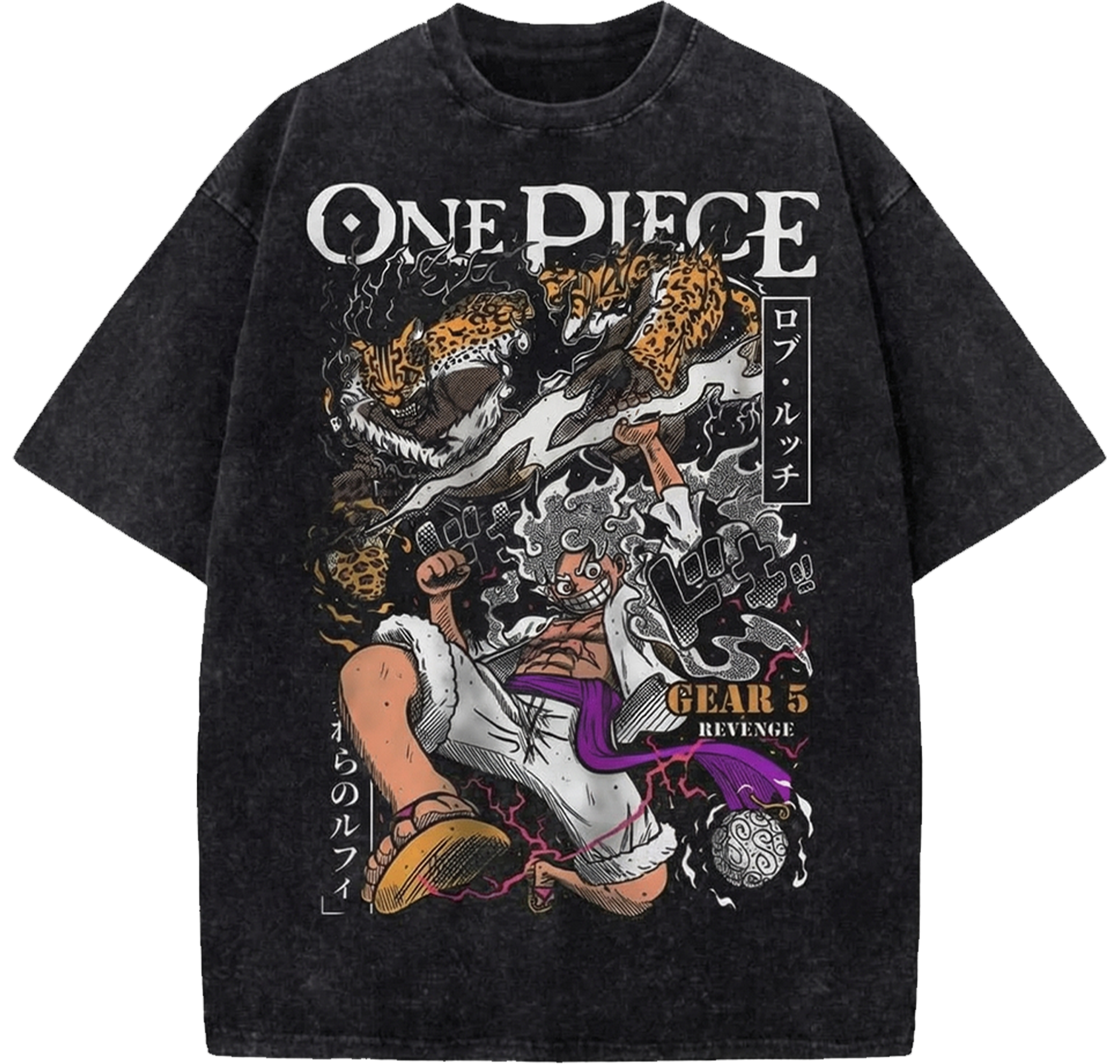 Rob Lucci vs Luffy Gear 5 Heavyweight Oversized Washed Tee - Vintage Anime Japanese Streetwear T-Shirt