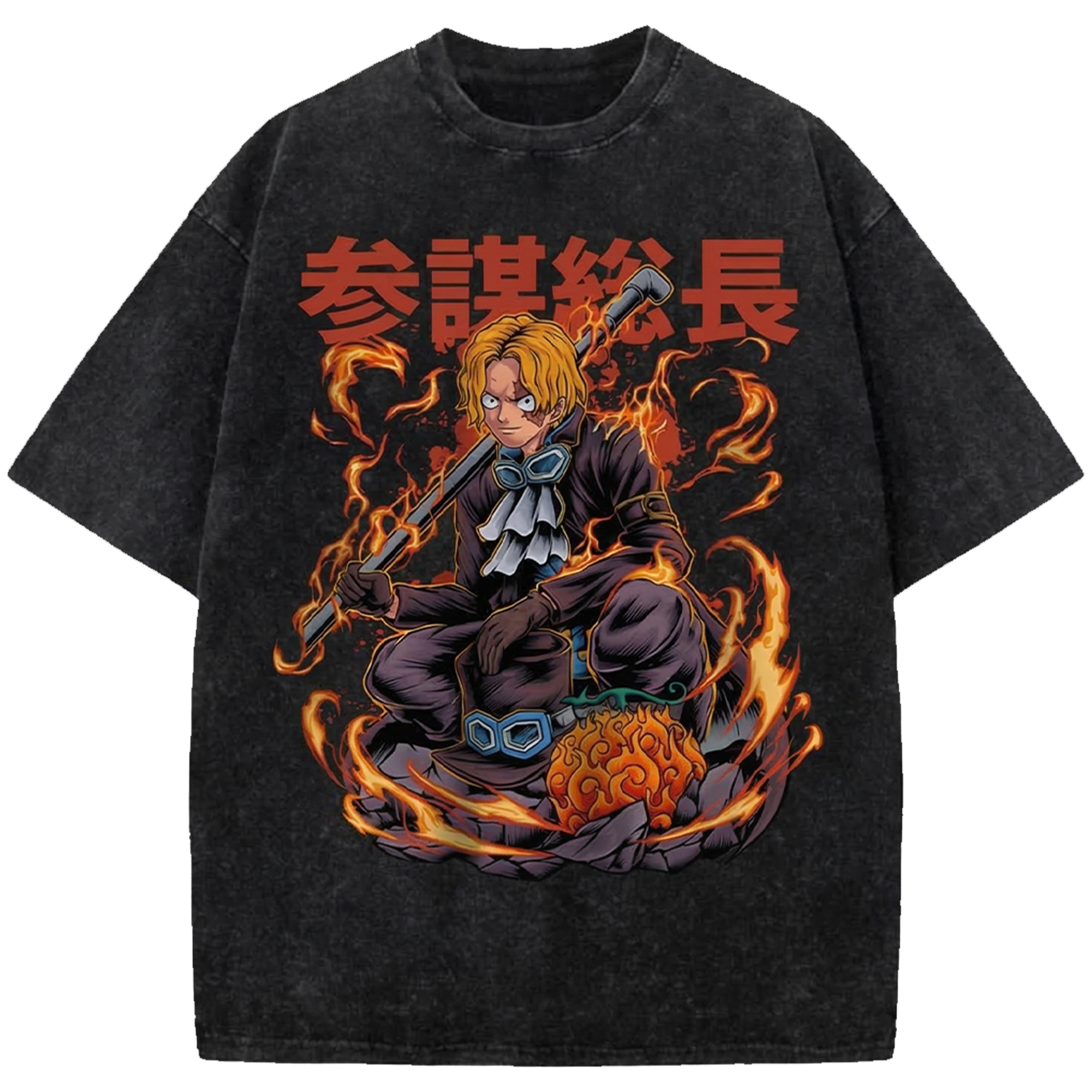 Sabo Anime Oversized Washed T-Shirt, One Piece Manga Streetwear Shirt Japanese Vintage Distressed Tee