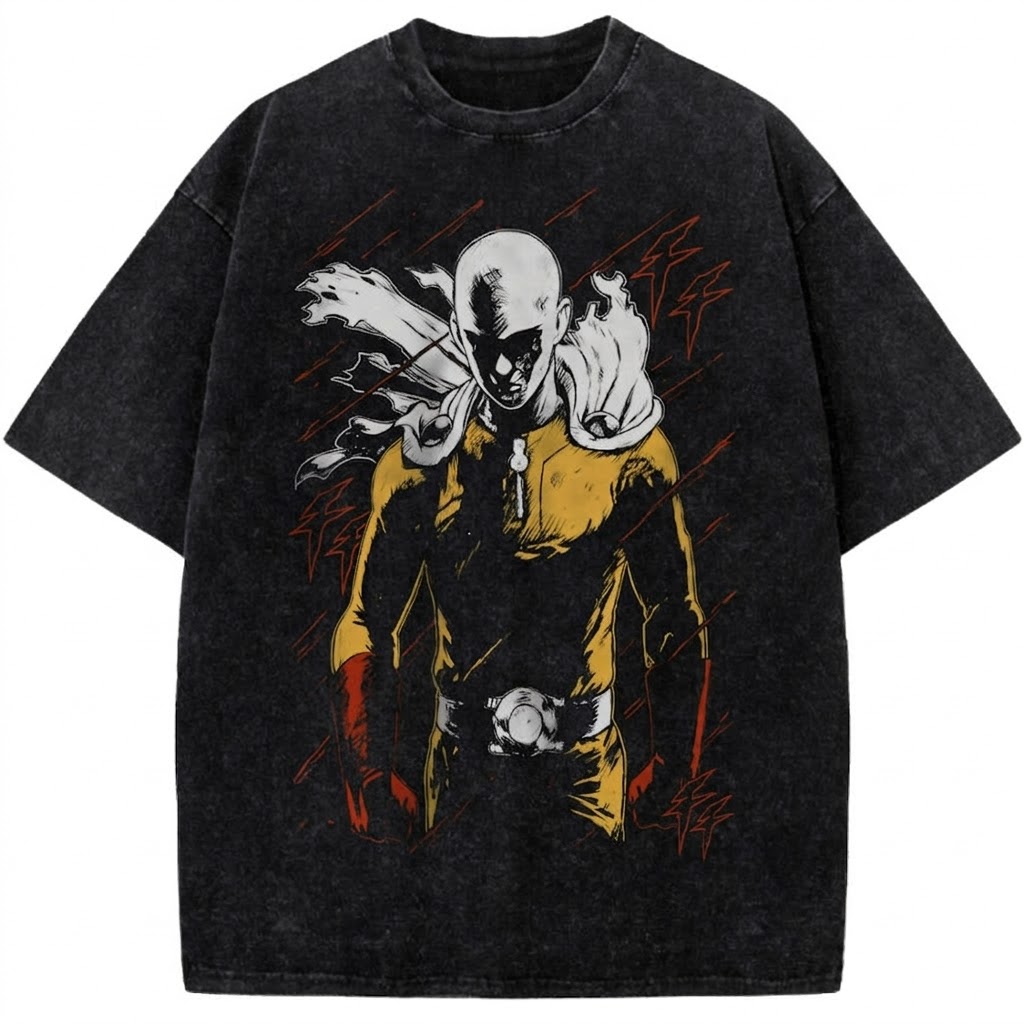 Saitama One Punch Man Vintage Washed Anime Tee Bald Hero Serious Shadow Graphic Streetwear T-Shirt