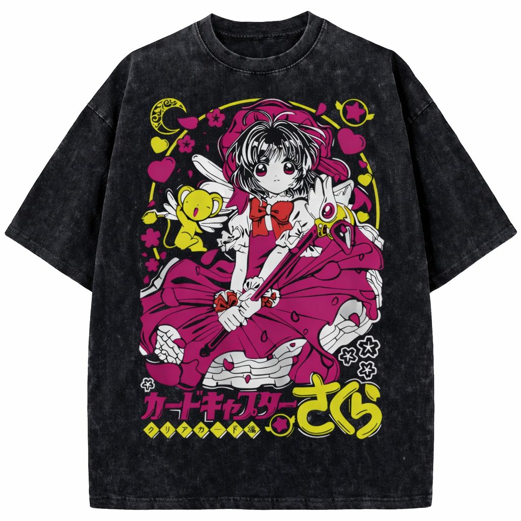 Sakura Cardcaptor Cute Vintage Washed Anime Graphic Oversized T-Shirt