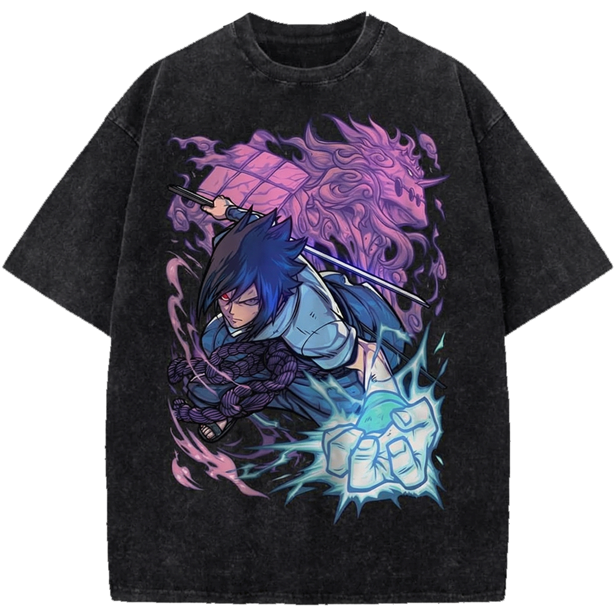 Sasuke Uchiha Naruto Vintage Washed Oversized Shirt – Retro Anime Manga Graphic Streetwear Tee