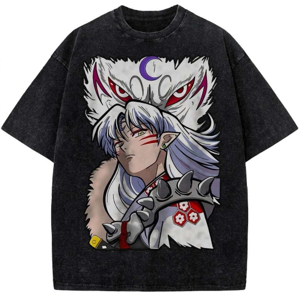 Sesshomaru Inuyasha Vintage Washed Anime Tee Demon Lord Moon Mark Graphic Streetwear T-Shirt