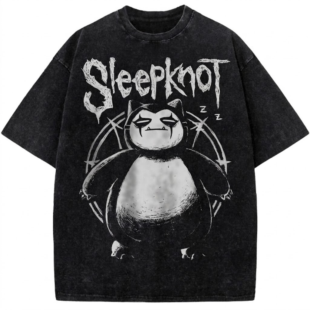 Snorlax Slipknot Parody Vintage Washed Tee Metal Band Anime Pokémon Graphic Streetwear T-Shirt