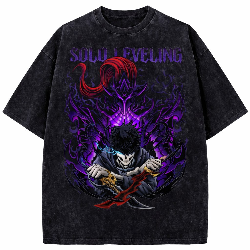 Solo Leveling Shadow Monarch Vintage Washed Anime Graphic Oversized T-Shirt